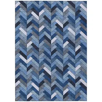 3' X 5' Blue And Ivory Geometric Washable Indoor Outdoor Area Rug