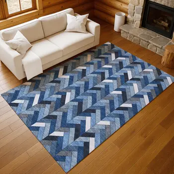 3' X 5' Blue And Ivory Geometric Washable Indoor Outdoor Area Rug