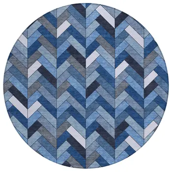 8' Blue And Ivory Round Geometric Washable Indoor Outdoor Area Rug