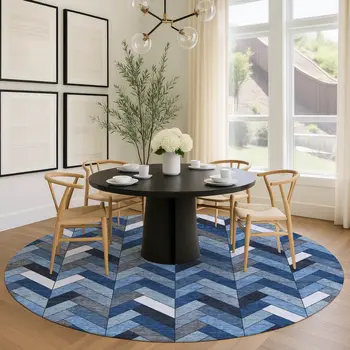 8' Blue And Ivory Round Geometric Washable Indoor Outdoor Area Rug