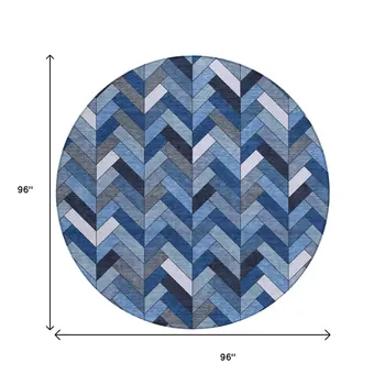 8' Blue And Ivory Round Geometric Washable Indoor Outdoor Area Rug
