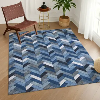 8' X 10' Blue And Ivory Geometric Washable Indoor Outdoor Area Rug