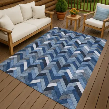 10' X 14' Blue And Ivory Geometric Washable Indoor Outdoor Area Rug