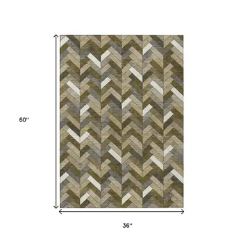 3' X 5' Brown And Ivory Geometric Washable Indoor Outdoor Area Rug