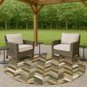 8' Brown And Ivory Round Geometric Washable Indoor Outdoor Area Rug