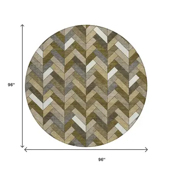 8' Brown And Ivory Round Geometric Washable Indoor Outdoor Area Rug