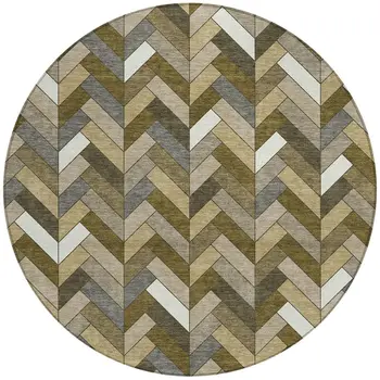 8' Brown And Ivory Round Geometric Washable Indoor Outdoor Area Rug