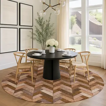 8' Copper And Rust Round Geometric Washable Indoor Outdoor Area Rug