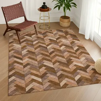 9' X 12' Copper And Rust Geometric Washable Indoor Outdoor Area Rug