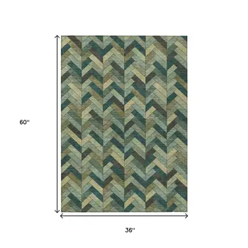3' X 5' Green And Gray Geometric Washable Indoor Outdoor Area Rug
