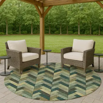 8' Green And Gray Round Geometric Washable Indoor Outdoor Area Rug