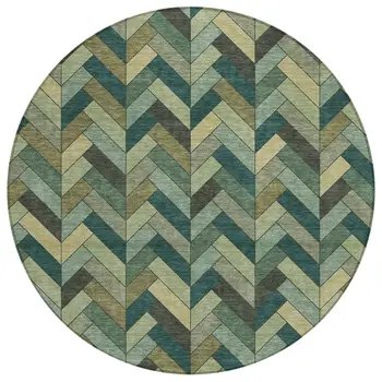 8' Green And Gray Round Geometric Washable Indoor Outdoor Area Rug