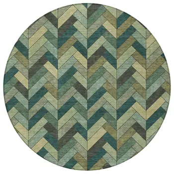 8' Green And Gray Round Geometric Washable Indoor Outdoor Area Rug