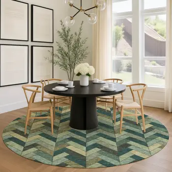 8' Green And Gray Round Geometric Washable Indoor Outdoor Area Rug