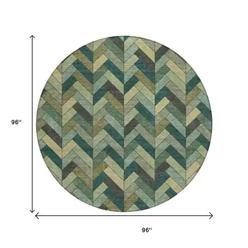 8' Green And Gray Round Geometric Washable Indoor Outdoor Area Rug