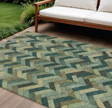 9' X 12' Green And Gray Geometric Washable Indoor Outdoor Area Rug
