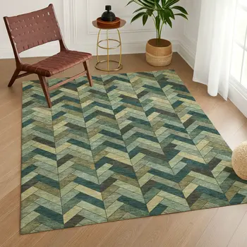 10' X 14' Green And Gray Geometric Washable Indoor Outdoor Area Rug