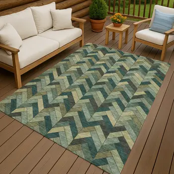 10' X 14' Green And Gray Geometric Washable Indoor Outdoor Area Rug