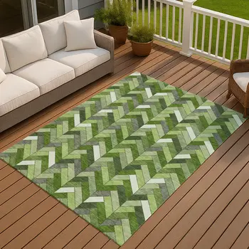 5' X 8' Olive Green And Ivory Geometric Washable Indoor Outdoor Area Rug