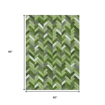 5' X 8' Olive Green And Ivory Geometric Washable Indoor Outdoor Area Rug