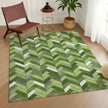 5' X 8' Olive Green And Ivory Geometric Washable Indoor Outdoor Area Rug
