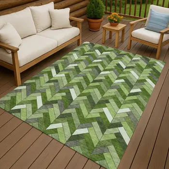 5' X 8' Olive Green And Ivory Geometric Washable Indoor Outdoor Area Rug