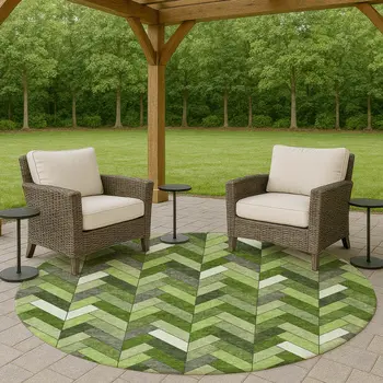 8' Olive Green And Ivory Round Geometric Washable Indoor Outdoor Area Rug
