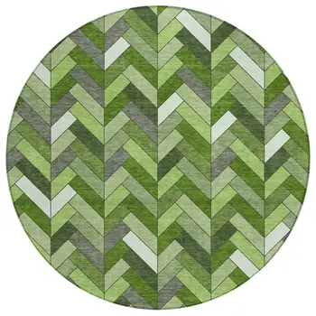 8' Olive Green And Ivory Round Geometric Washable Indoor Outdoor Area Rug