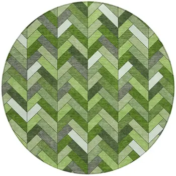 8' Olive Green And Ivory Round Geometric Washable Indoor Outdoor Area Rug