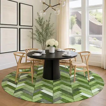 8' Olive Green And Ivory Round Geometric Washable Indoor Outdoor Area Rug