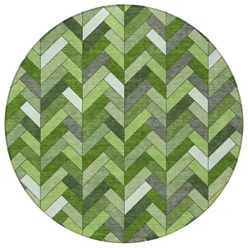 8' Olive Green And Ivory Round Geometric Washable Indoor Outdoor Area Rug