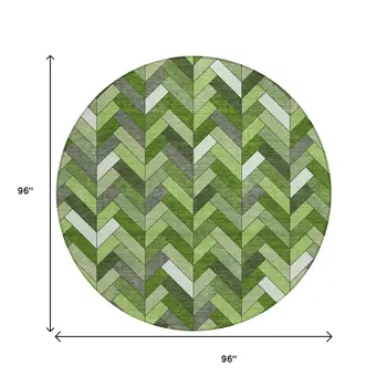 8' Olive Green And Ivory Round Geometric Washable Indoor Outdoor Area Rug
