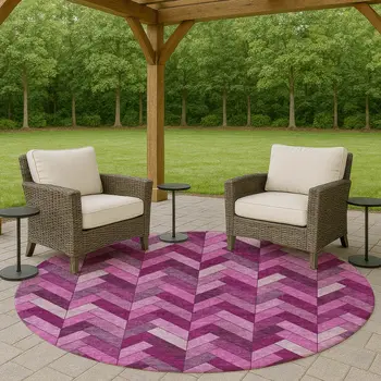 8' Pink And Ivory Round Geometric Washable Indoor Outdoor Area Rug