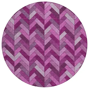 8' Pink And Ivory Round Geometric Washable Indoor Outdoor Area Rug