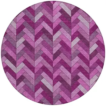 8' Pink And Ivory Round Geometric Washable Indoor Outdoor Area Rug