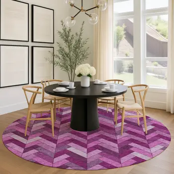 8' Pink And Ivory Round Geometric Washable Indoor Outdoor Area Rug