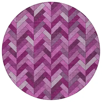 8' Pink And Ivory Round Geometric Washable Indoor Outdoor Area Rug