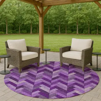 8' Purple And Ivory Round Geometric Washable Indoor Outdoor Area Rug