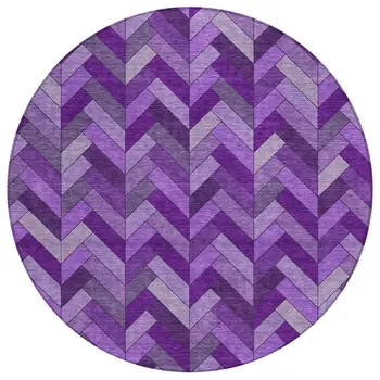 8' Purple And Ivory Round Geometric Washable Indoor Outdoor Area Rug