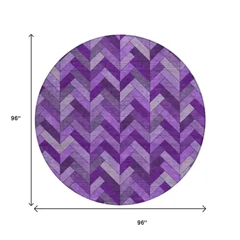 8' Purple And Ivory Round Geometric Washable Indoor Outdoor Area Rug