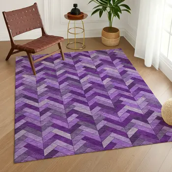 9' X 12' Purple And Ivory Geometric Washable Indoor Outdoor Area Rug