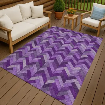 9' X 12' Purple And Ivory Geometric Washable Indoor Outdoor Area Rug