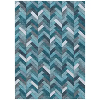 5' X 8' Teal Blue And Ivory Geometric Washable Indoor Outdoor Area Rug