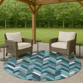 8' Teal Blue And Ivory Round Geometric Washable Indoor Outdoor Area Rug