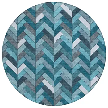 8' Teal Blue And Ivory Round Geometric Washable Indoor Outdoor Area Rug