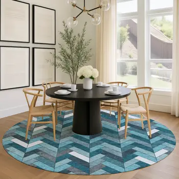8' Teal Blue And Ivory Round Geometric Washable Indoor Outdoor Area Rug