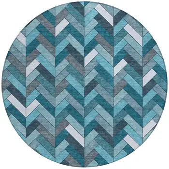 8' Teal Blue And Ivory Round Geometric Washable Indoor Outdoor Area Rug