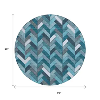 8' Teal Blue And Ivory Round Geometric Washable Indoor Outdoor Area Rug