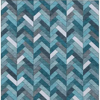8' X 10' Teal Blue And Ivory Geometric Washable Indoor Outdoor Area Rug