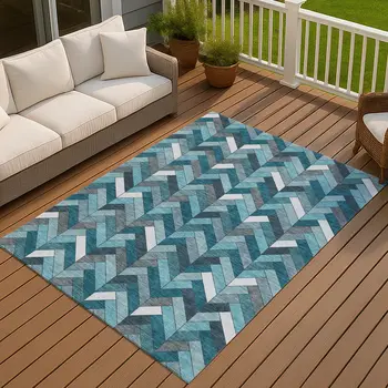 8' X 10' Teal Blue And Ivory Geometric Washable Indoor Outdoor Area Rug